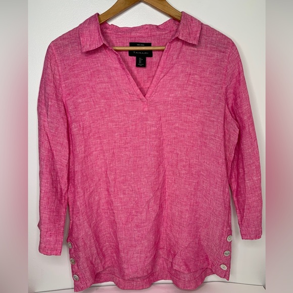 Tahari 100% Linen Pink Blouse 3/4 Sleeve V Neck Size Large Womens  Lagenlook - Picture 1 of 8